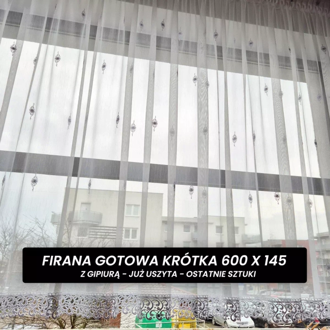 Firana gotowa 600x145 cm - krótka do parapetu z gipiurą - na karnisz 300cm
